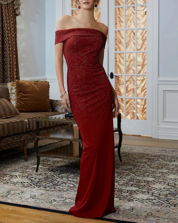 Sparkling Column Sheath Off Shoulder Mother of the Bride Dress Evening Dresses Wedding Guest Dresses Evening Dress