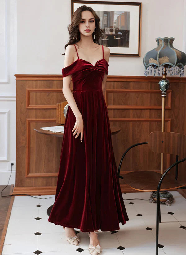 A-Line Velvet Simple Sweetheart Off Shoulder Party Dress Velvet Prom Dress Wedding Guest Party Dresses Evening Dress