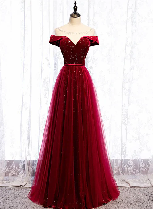 Wine Red Velvet and Tulle Long Prom Dress A-line Floor Length Prom Dress Elegant Evening Dress
