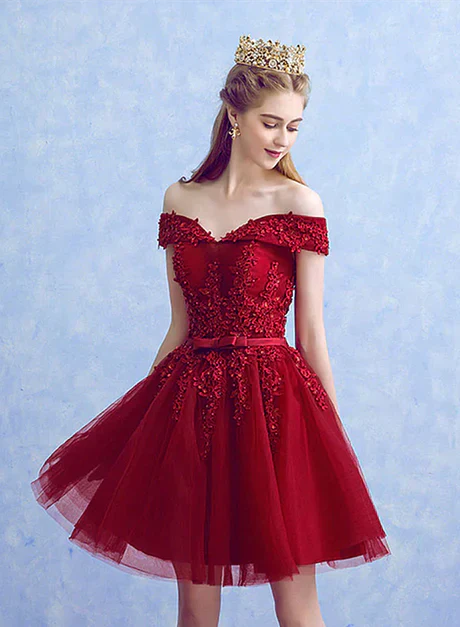 Wine Red Tulle with Lace Applique Party Dress Dark Red Homecoming Dress Off Shoulder