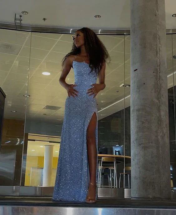 Blue Sheath Evening Party Dress with High Slit Long Prom Dress Formal Dress