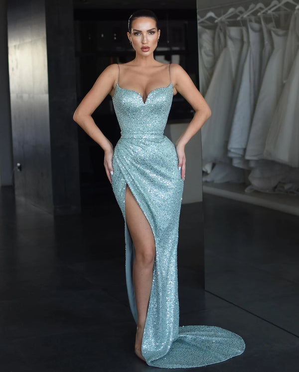 Elegant Blue Mermaid Prom Dresses Spaghetti Sequins Evening Dress Lace Up Back Pleats Split Formal Long Special Occasion Party dress Sparkly