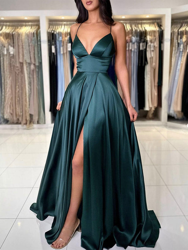 A-Line V Neck Dark Green Satin Long Prom Dress Evening Dress With Slit Sexy