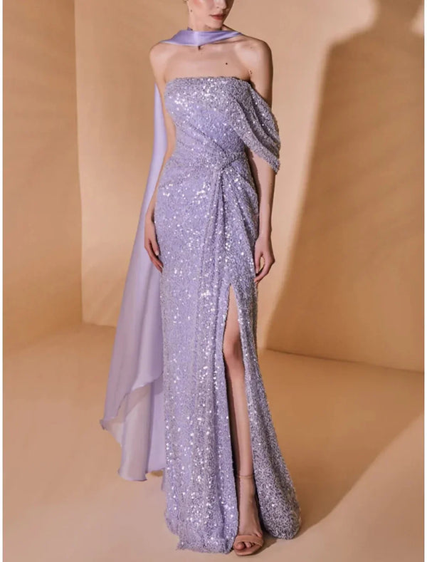 A-Line Evening Gown Elegant Dress Formal Sweep / Brush Train Sleeveless Strapless Sequined with Glitter Pleats SlitA-Line Evening Gown Elegant Dress Formal Sweep / Brush Train Sleeveless Strapless Sequined with Glitter Pleats Slit Sparkly