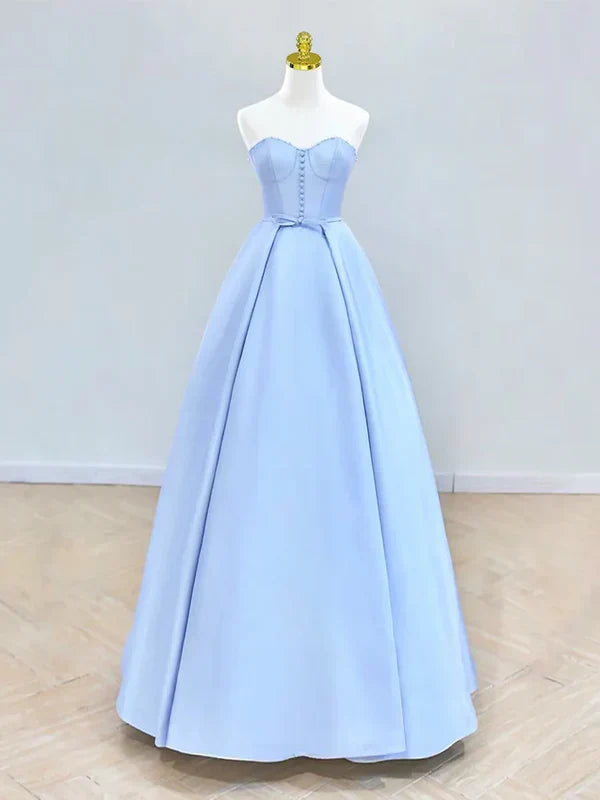 A-Line Sweetheart Neck Satin Blue Ball Gown Long Prom Dress Formal Dress Evening Dress