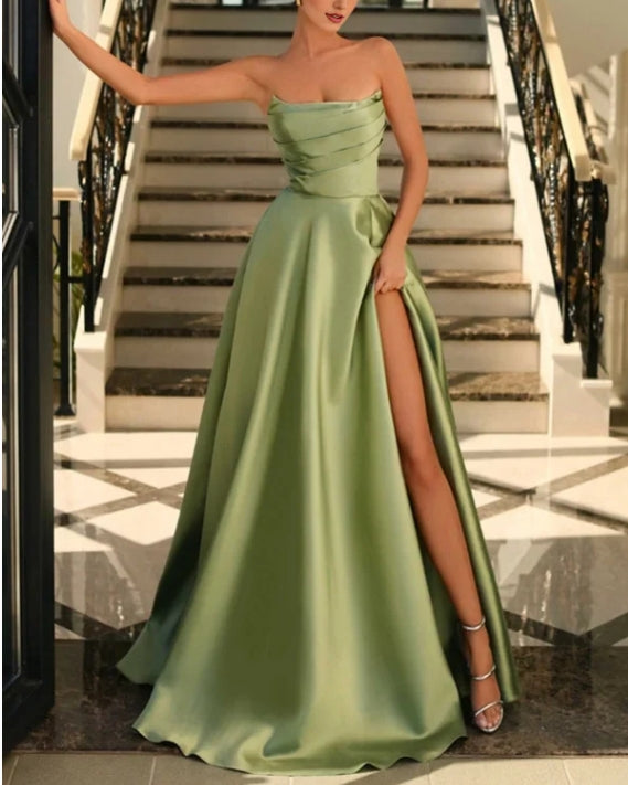 A-Line Princess Ball Gown Sage Green Strapless Prom Dress Long Pleats With Split Sexy Evening Dress