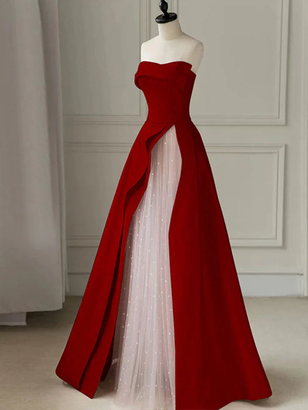 A line Burgundy Satin Long Prom Dress Formal Dress Off Shoulder Elegant Evening Dress