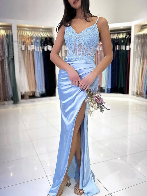 Blue V Neck Lace Satin Mermaid Long Prom Dress Formal Dress Evening Dress december wedding guest dress With Slit
