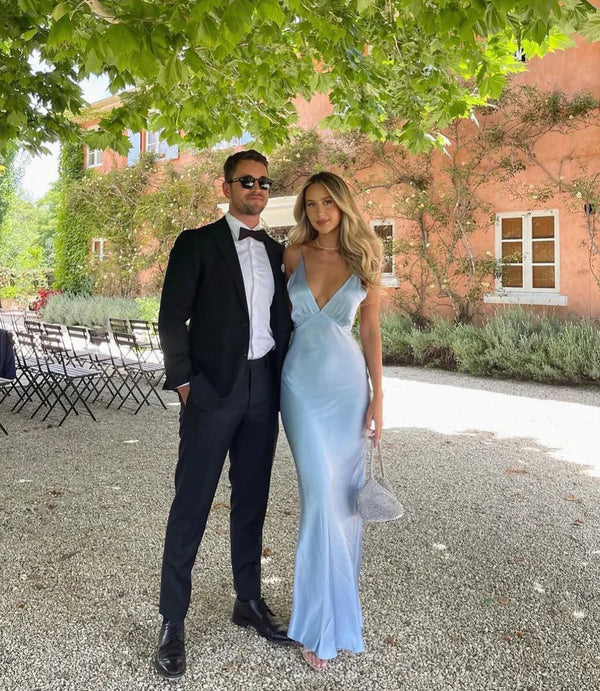 Light Blue Deep V Neck Long Party Dress Wedding Guest Dress Sexy Formal Dress