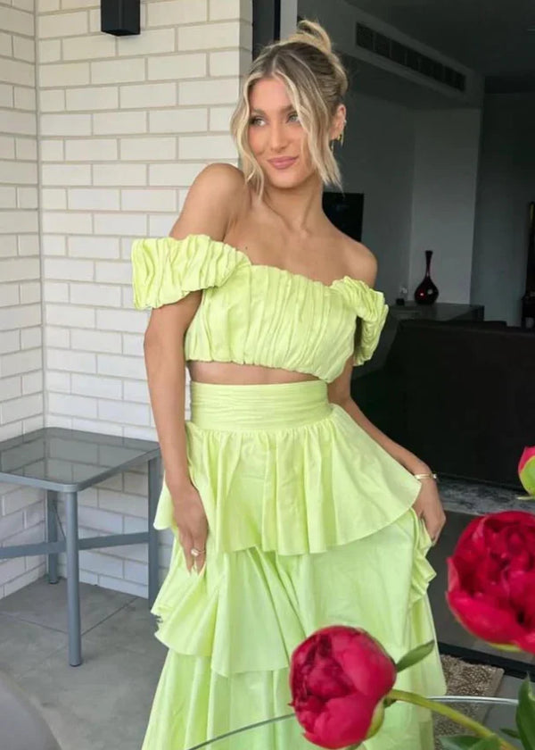 Two Piece A Line Off the Shoulder Layered Satin Long Prom Dress Outfits Charming Party Dress