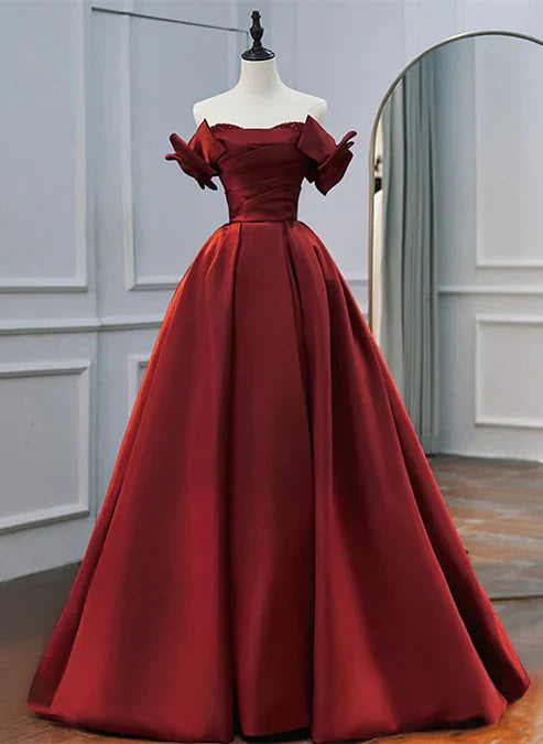 Wine Red Satin A-line Beaded Off Shoulder Party Dress Prom Dress Formal Dress Elegant Evening Dress