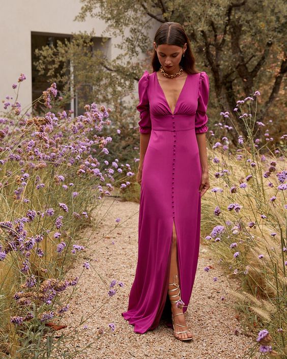 V-neck Half Sleeves Long Prom Dress Elegant Evening Party Dress Formal Dress With Slit