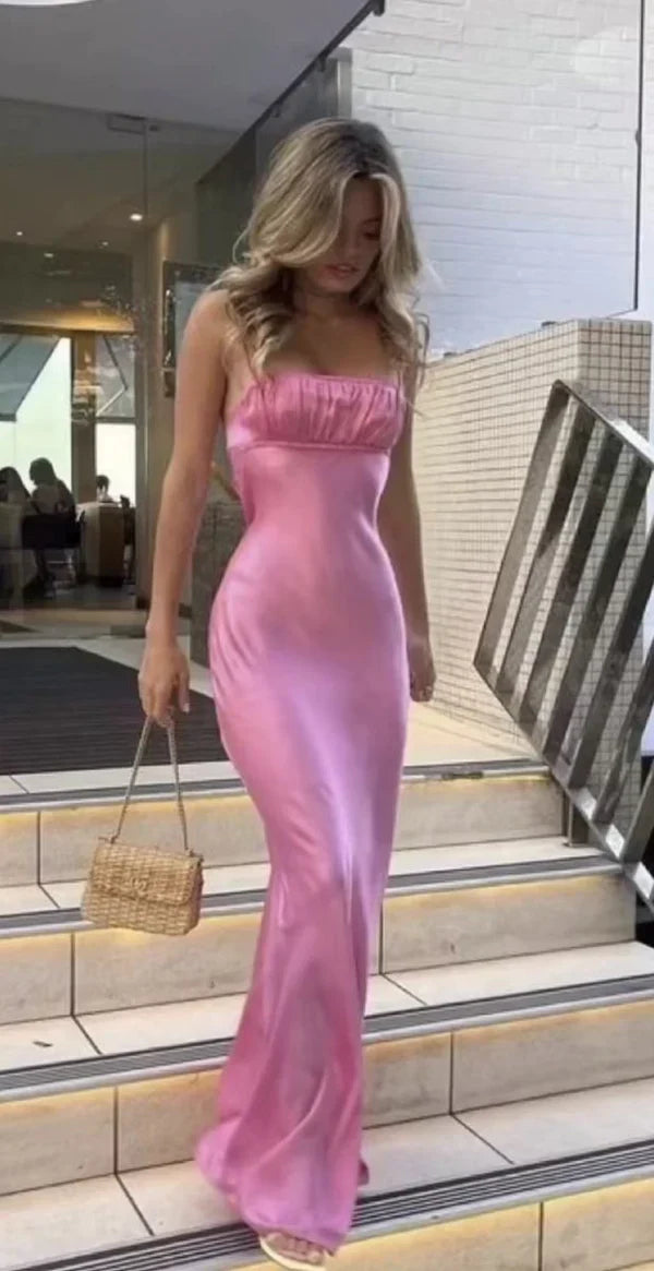 Backless Sapaghetti Straps Long Evening Gown Prom Dress Simple Formal Party Dress