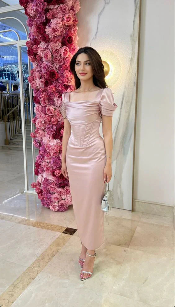 Fashion Long Prom Dresses Pink Short Sleeves Elegant Evening Party Dress Formal Dress