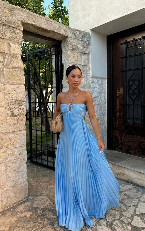 Blue Sleeveless A-line Chiffon Long Prom Dress Elegant Evening Party Dress