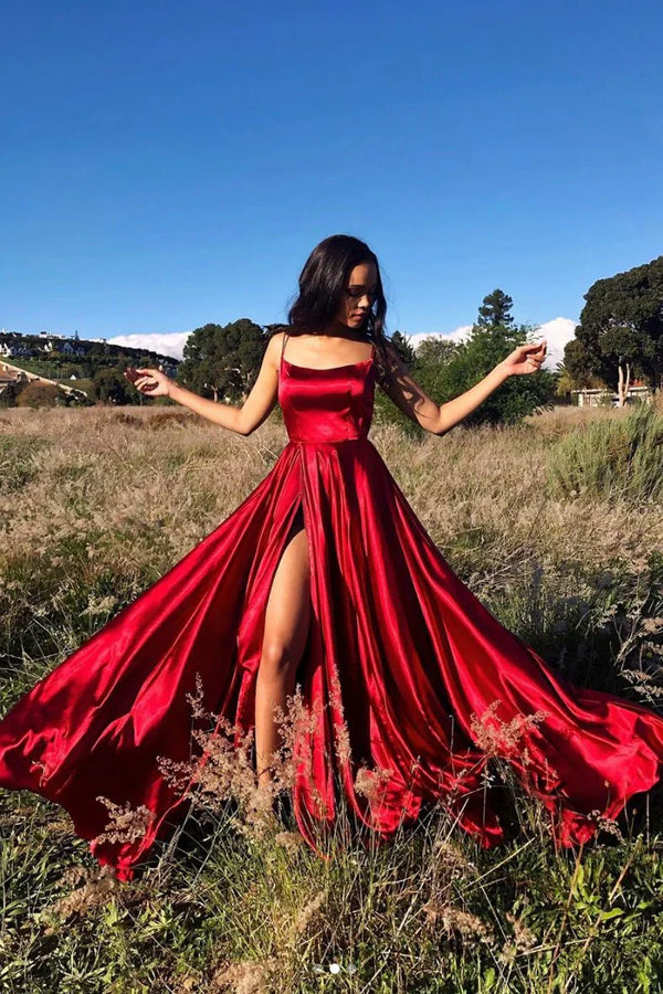 A Line Spaghetti Straps Red Prom Dress Charming Evening Party Dress With Slit