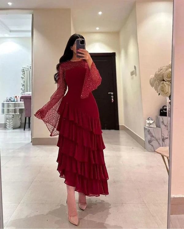 Women's Dress O Neck Tiered Burgundy Long Prom Dress Charming Evening Party Dress