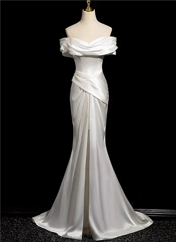White Mermaid Satin Off Shoulder Ruched Long Party Dress Wedding Party Dress Evening Dress