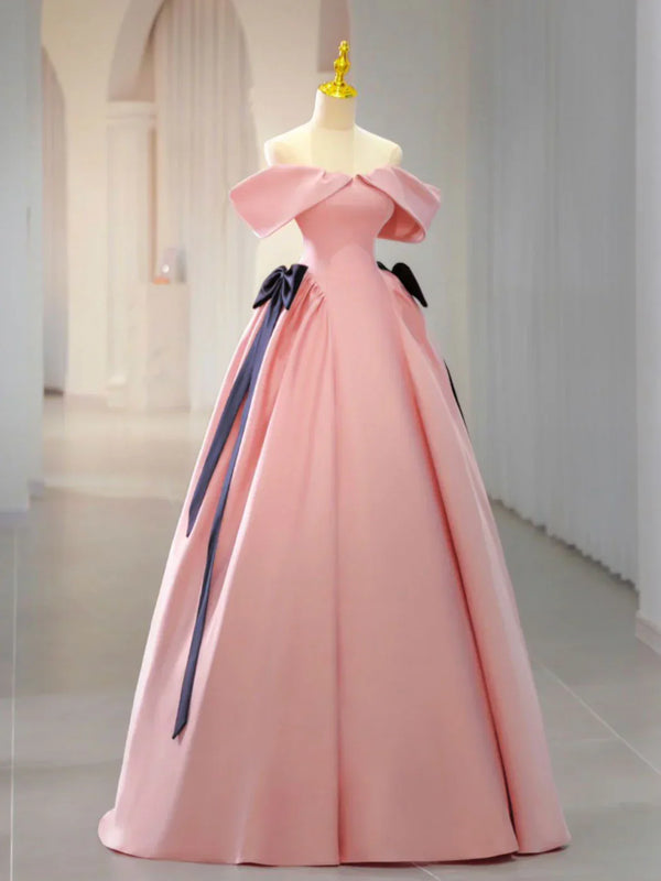 Pink Satin Long Prom Dress Formal Evening Dresses A Line Off Shoulder With Bow(s) december wedding guest dress