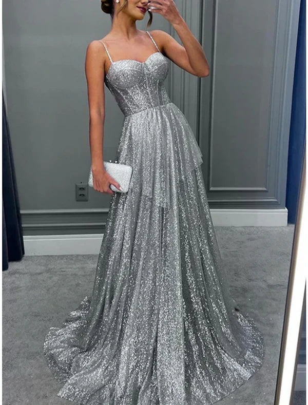 A-Line Evening Gown Elegant Dress Formal Sweep / Brush Train Sleeveless Spaghetti Strap Sequined with Glitter Pleats Sparkly