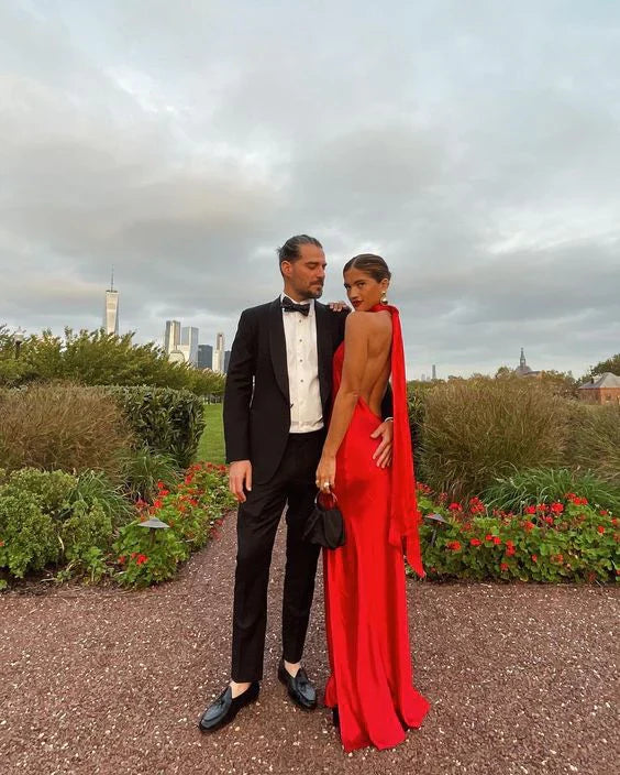 Charming Red Halter Backless Long Prom Dress with Slit Party Dress Formal Dress