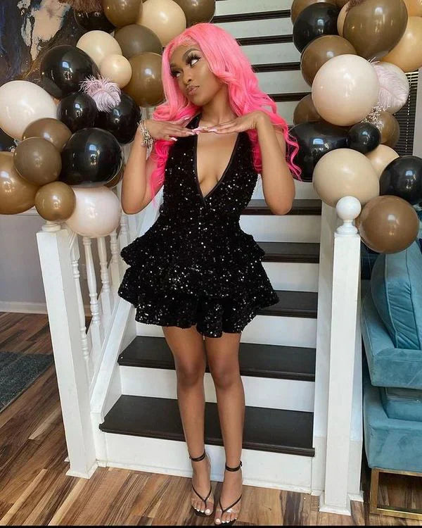 Sexy Black Sparking V-neck Back Open Tiered Sequin Graduation Gown Short Party Homecoming Dress