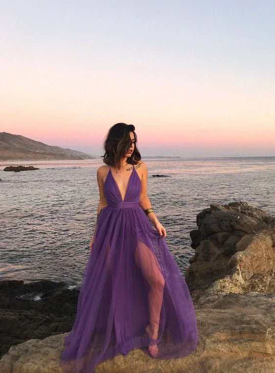 Deep V Neck Purple Tulle Fantasy Long Prom Dress Charming Evening Party Dress