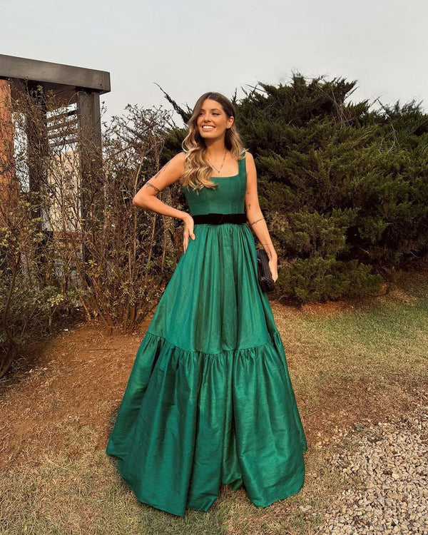 Dress A Line Green Satin Long Prom Dress Elegant Wedding Guest Dress Charming Evening Party Dress