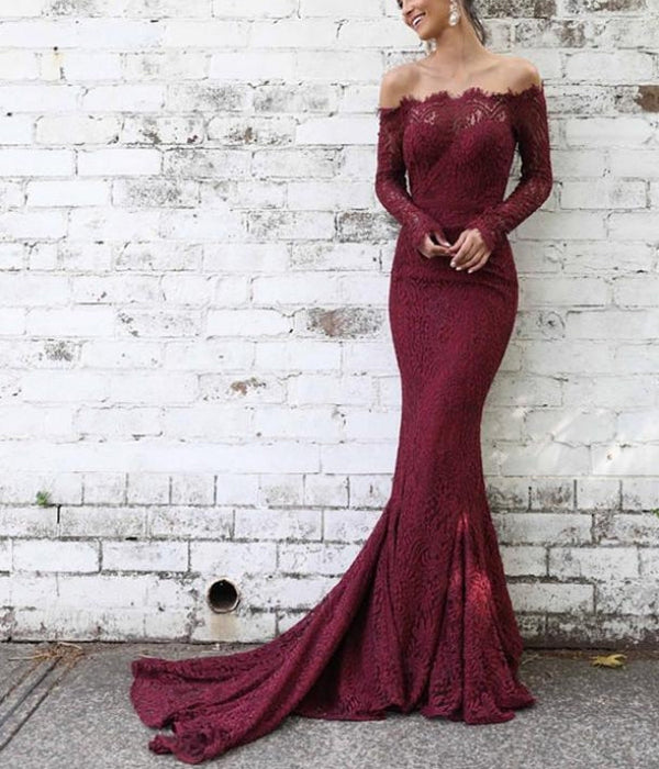 Exquisite Lace Off-the-shoulder Neckline Long Sleeves Mermaid Prom Dresses Evening Dresses
