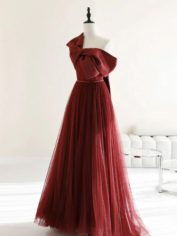 A-Line Tulle Burgundy Long Prom Dresses Formal Evening Dresses december wedding guest dress