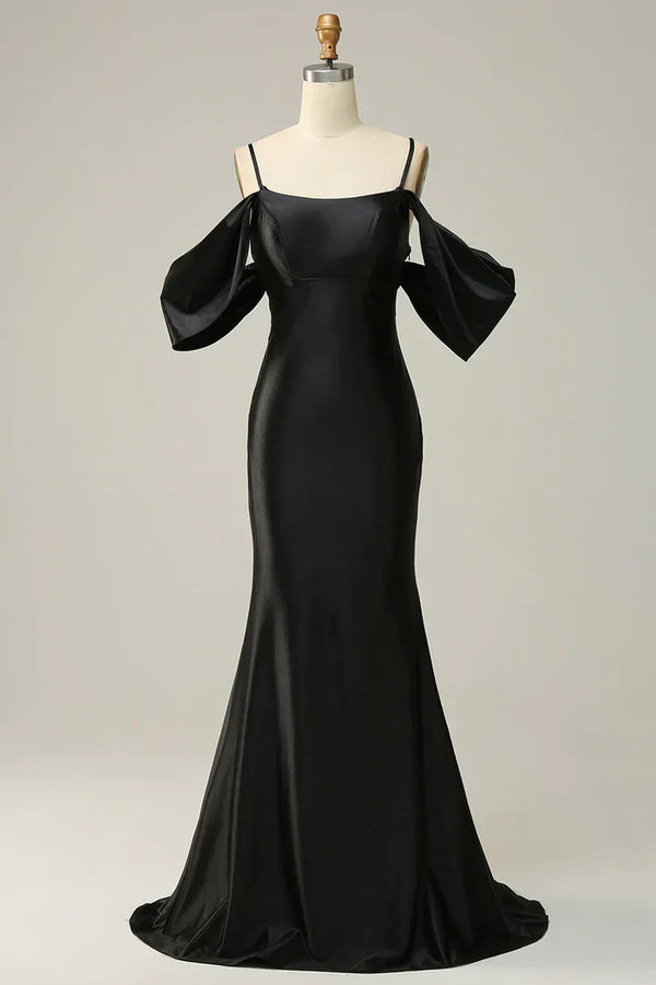 Black Off Shoulder Open Back Satin Mermaid Long Prom Dress Elegant Evening Dress