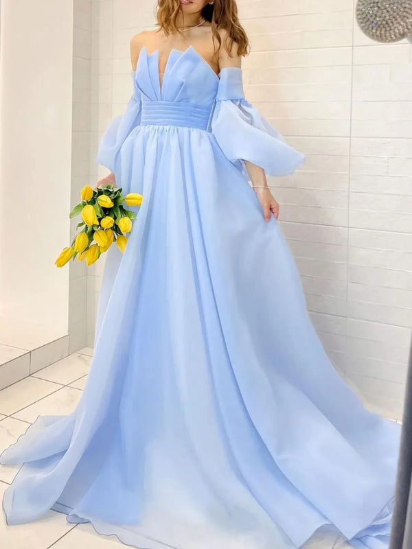 Aline Organza blue long prom dress puff sleeves blue long formal party dress Off Shoulder Elegant Evening Dress