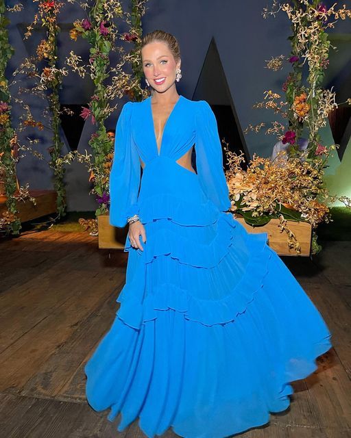 Blue V-neck Long Sleeves Backless Prom Dress Elegant Evening Party Dress