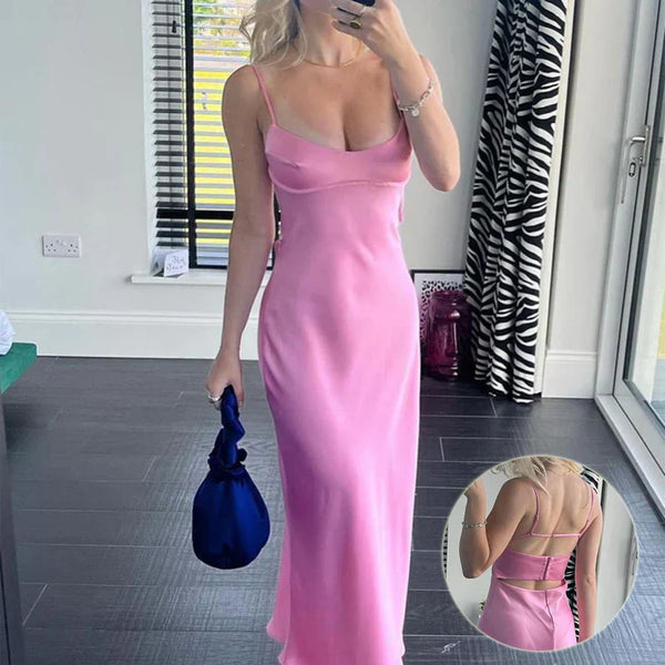 Dress Simple A Line Straps Sleeveless Party Dress Silk Satin Pink Charming Formal Dress