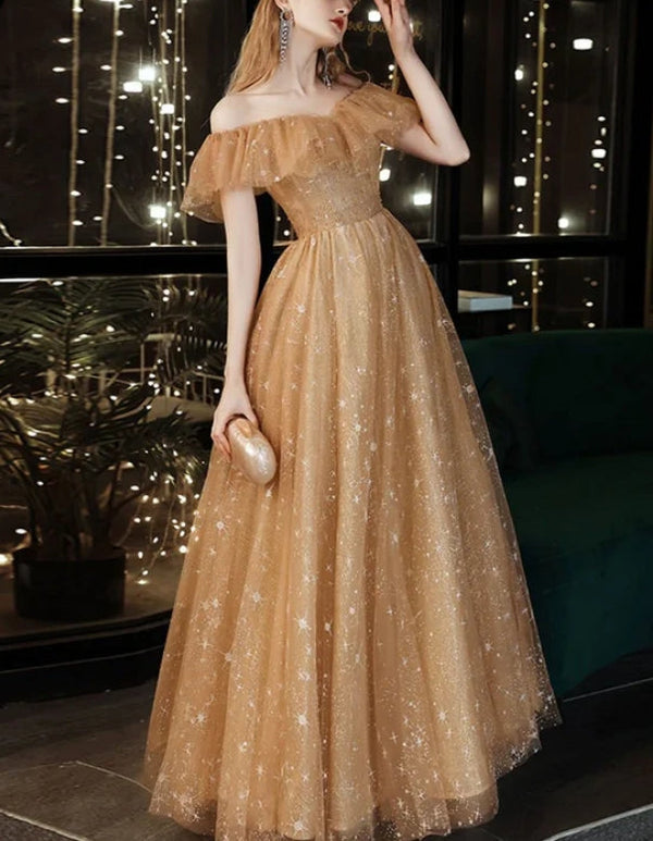 Off Shoulder Champagne Tulle Long Party Dress A-line Lace-up Evening Gown Prom Dress