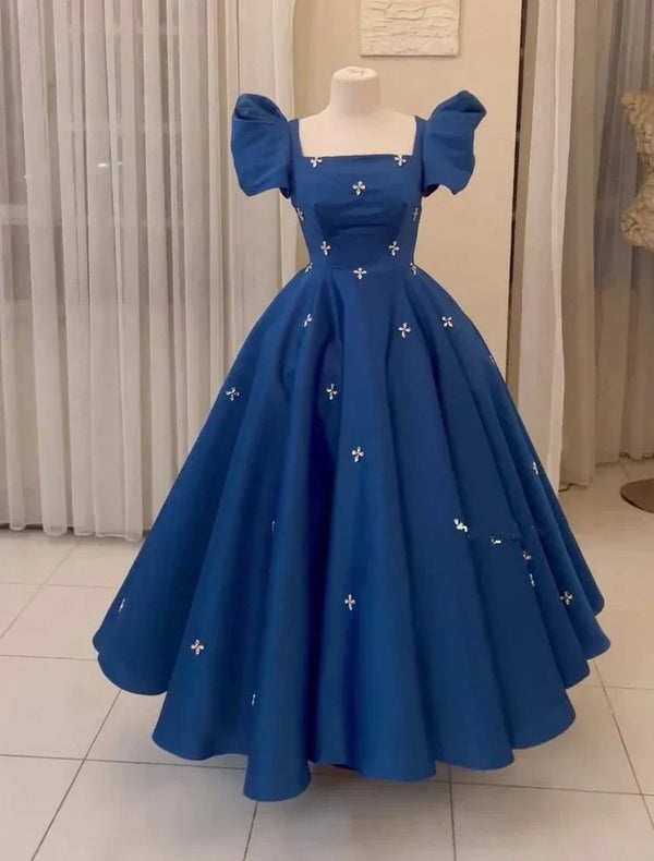 Navy Blue Square Ball Gown Party Dress Satin Formal Evening Dress Short Sleeves Prom Dress