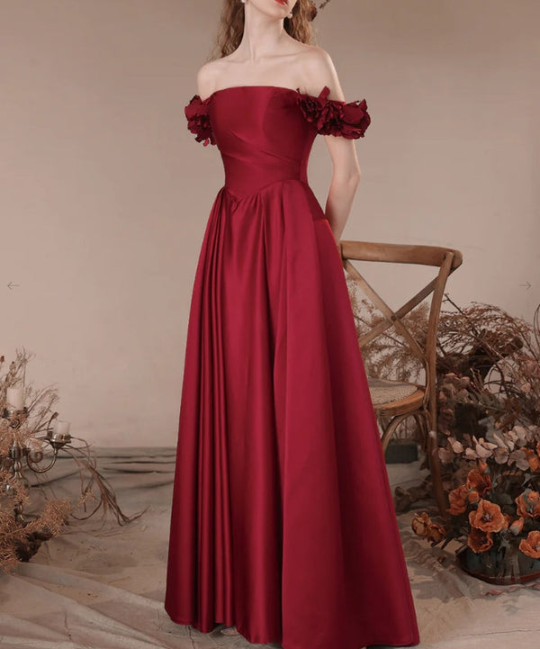 Burgundy A-Line Off Shoulder Satin Long Prom Dress Formal Evening Dress december wedding guest dress