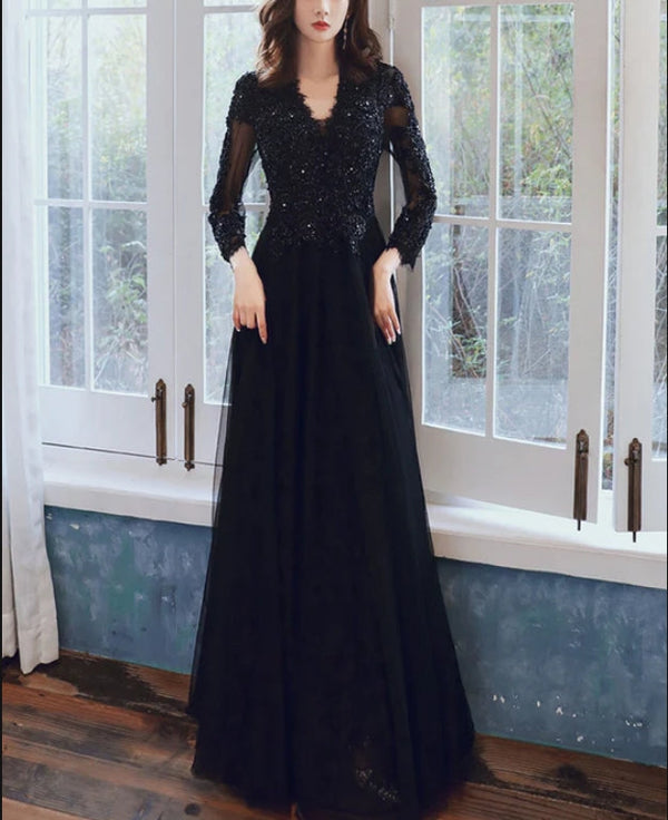 Black Long Sleeves V-neckline Tulle with Lace Party Dress Evening Party Dress Elegant Evening Dress