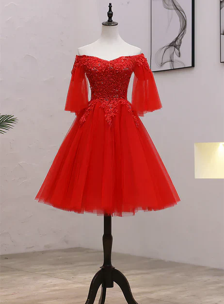 Red Sweetheart Tulle with Lace and Beaded Homecoming Dress Party Dress Off Shoulder