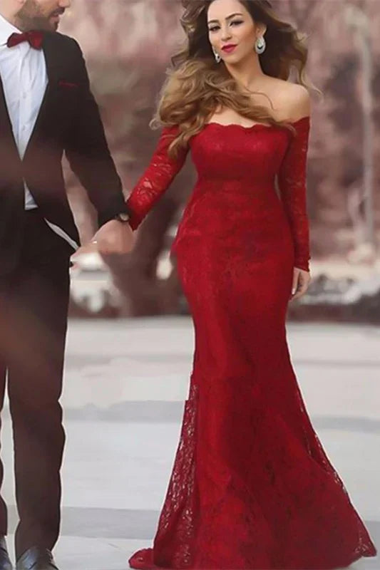 Burgundy Long Sleeve Mermaid Evening Dress Off Shoulder Floor Length Elegant Prom Dress
