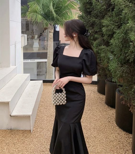 Dress Puff-Sleeve Square-Neck Mermaid Formal Dress Vintage Black Elegant Evening Party Dress
