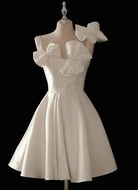 Cute Short White Satin Knee Length Party Dress with Bow Graduation Dress Homecoming Dress