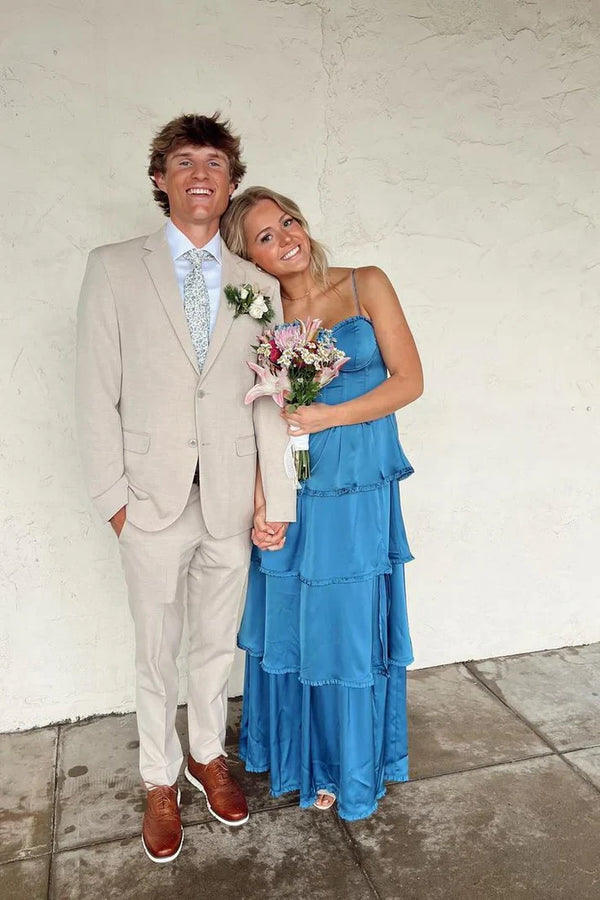 Blue A Line Satin Prom Dress Ruffle Wedding Guest Dress Elegant Evening Party Dress