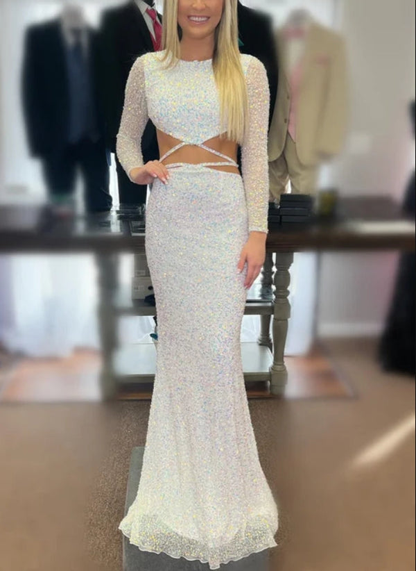 White Sequins Long Sleeves Mermaid Cut-Out Long Prom Dress Sparkly Evening Dress