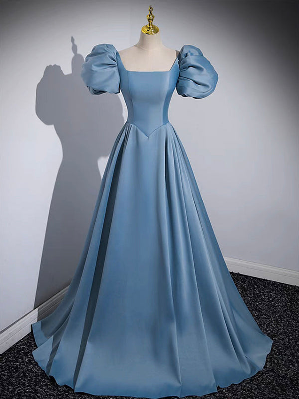 A-Line Satin Blue Long Prom Dress Long Evening Dress Short Sleeves Solid Color december wedding guest dress