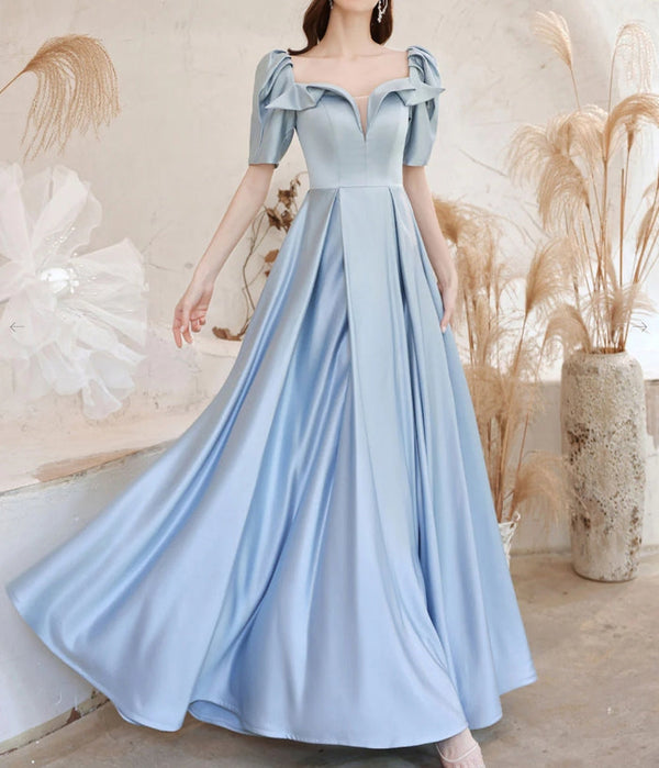 A-Line Square Neckline Satin Blue Long Prom Dress Formal Evening Dress december wedding guest dress