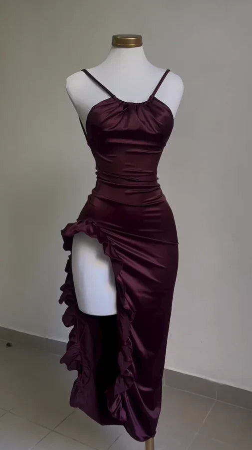 Vintage Backless Ruffle Asymmetrical Midi Length Party Dress Formal Dress Charming