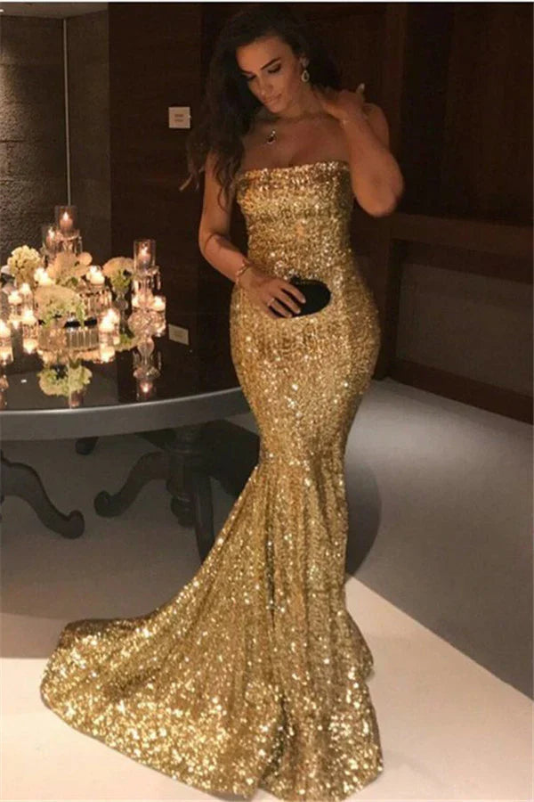 Strapless Sequin Mermaid Evening Dress Off Shoulder Sparkly Party Dress Floor Length
