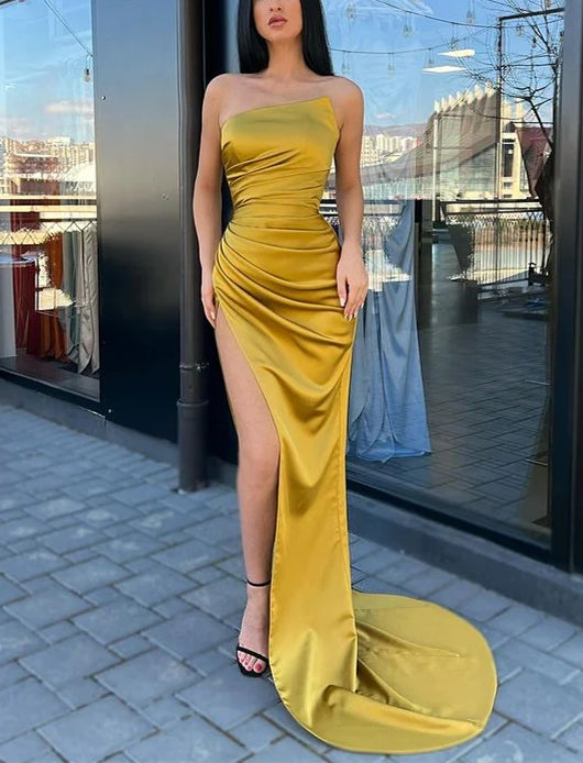 Strapless Mermaid Evening Dress Long Charmeuse With Split Sexy Party Dress Formal Dress