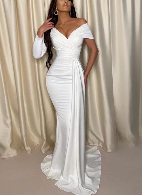 Chic Evening Dress One Shoulder Off The Shoulder With Pleats V-neck Sexy Party Dress